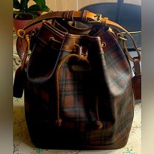 RALPH LAUREN Tartan Plaid Large Leather Drawstring Bucket Shoulder Bag VINTAGE